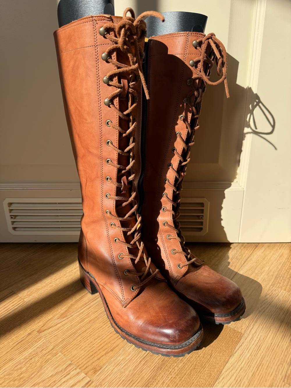 Frye Tall Lace-Up Leather Campus Boots in Cognac